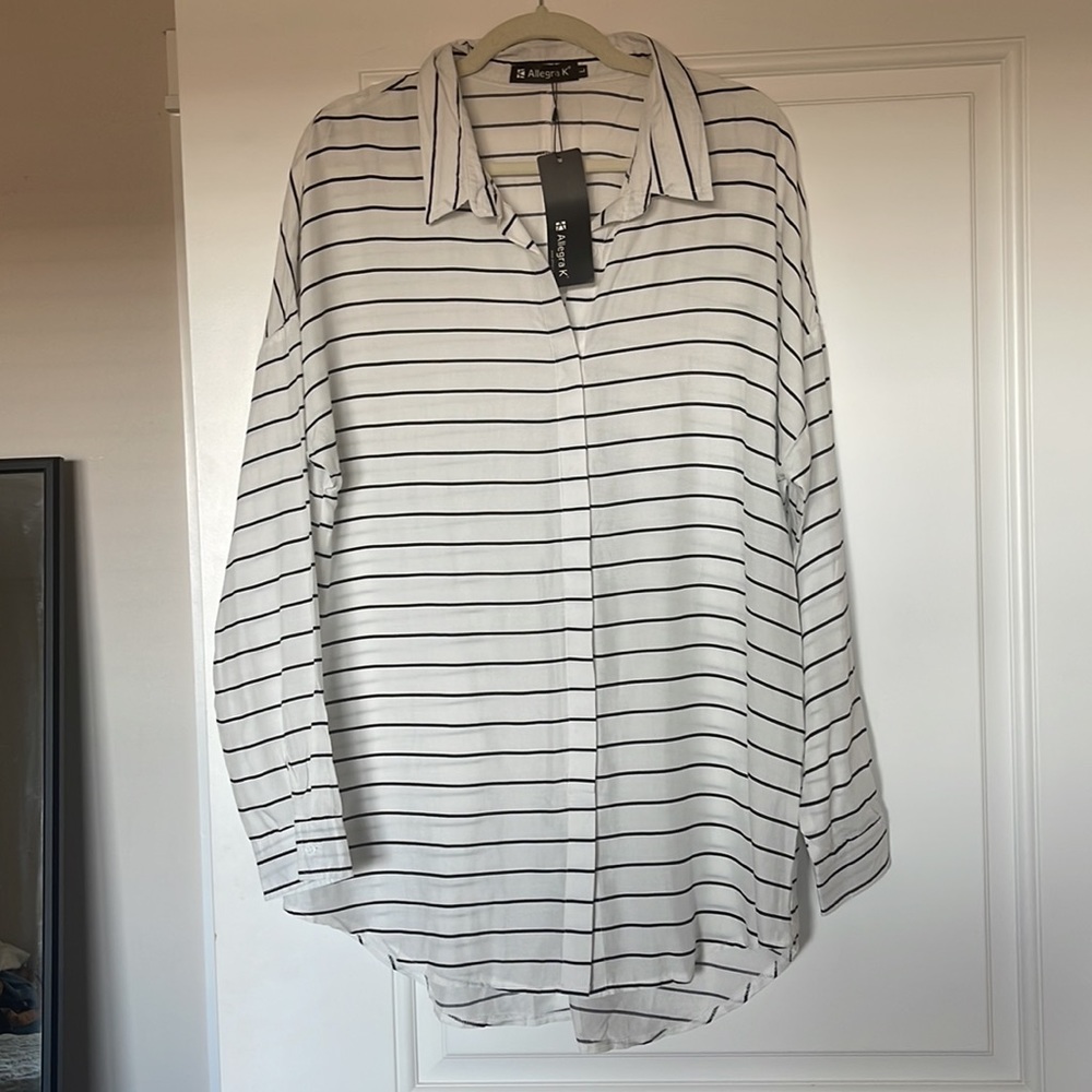 Allegra K Women’s V-neck Elegant Striped Button Down Blouse